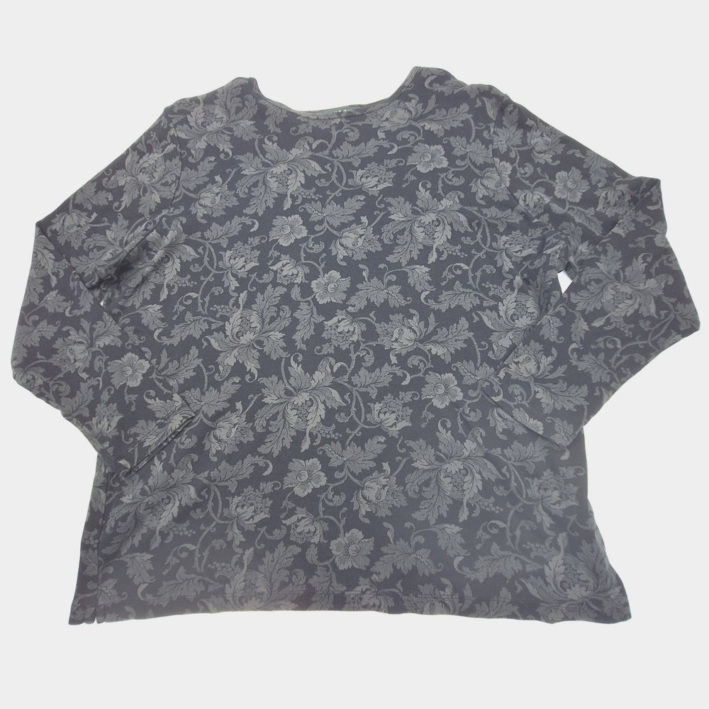 Lauren Ralph Lauren Top Womens 2X Black Grey Floral Damask Long Sleeve Cotton